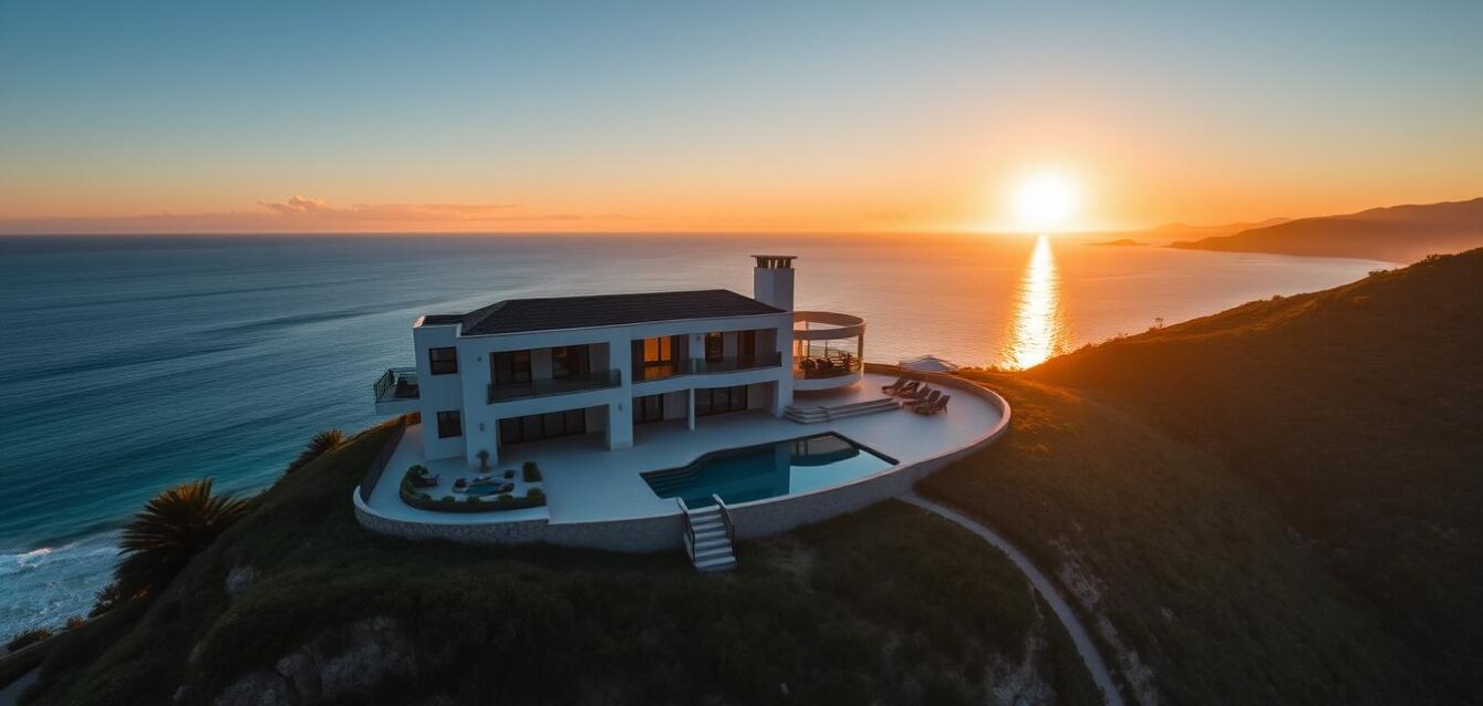 Aerial view of a private luxury villa with infinity pool overlooking the ocean