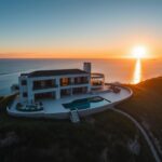 Aerial view of a private luxury villa with infinity pool overlooking the ocean