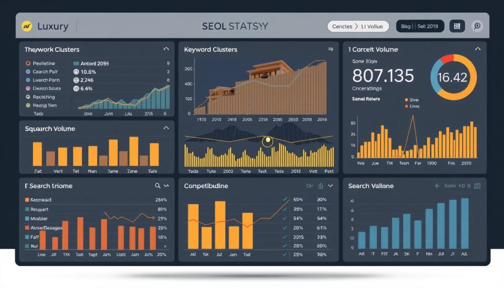 Data visualization of luxury real estate SEO strategy with keyword clusters Data visualization of luxury real estate SEO strategy with keyword clusters