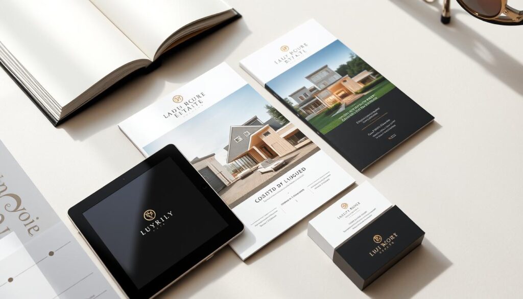 Elegant marketing materials for luxury estate on sophisticated desk Elegant marketing materials for luxury estate on sophisticated desk