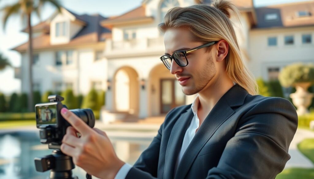 Luxury lifestyle influencer creating content at a private estate Luxury lifestyle influencer creating content at a private estate