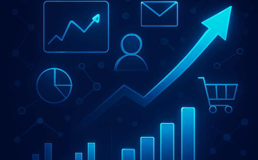 Abstract illustration of digital marketing trends with arrows, charts and icons symbolizing growth and technology.