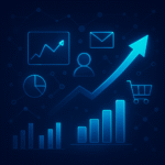 Abstract illustration of digital marketing trends with arrows, charts and icons symbolizing growth and technology.
