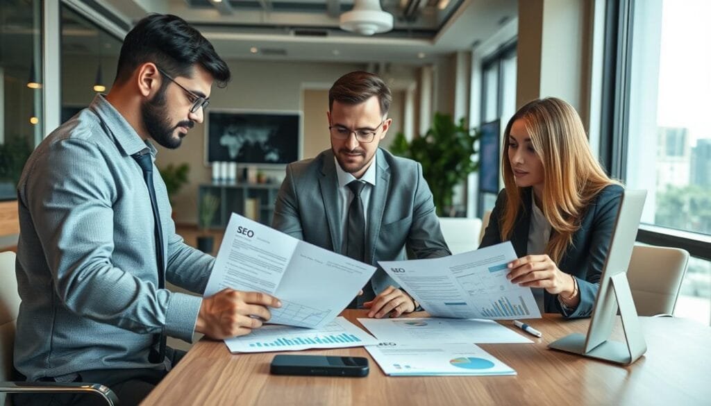 Business professionals negotiating an SEO contract in Mumbai office