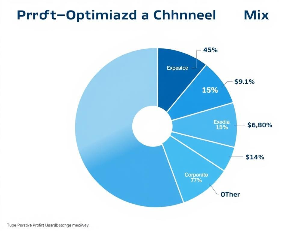 Chart showing profit-optimized channel mix strategy with allocation percentages across direct bookings, OTAs, and other channels Chart showing profit-optimized channel mix strategy with allocation percentages across direct bookings, OTAs, and other channels