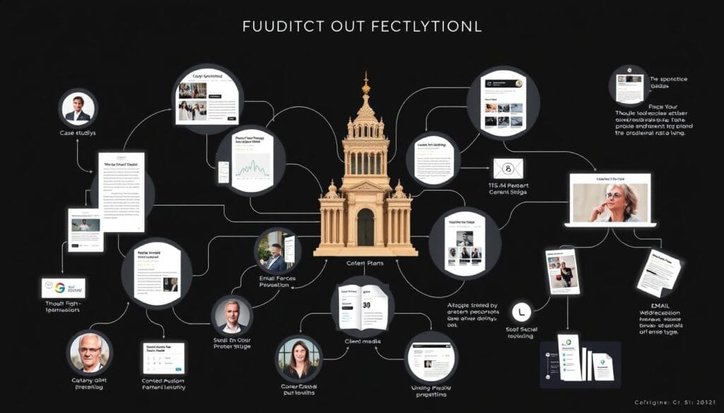 Content ecosystem for luxury architecture firm showing different content types across platforms Content ecosystem for luxury architecture firm showing different content types across platforms