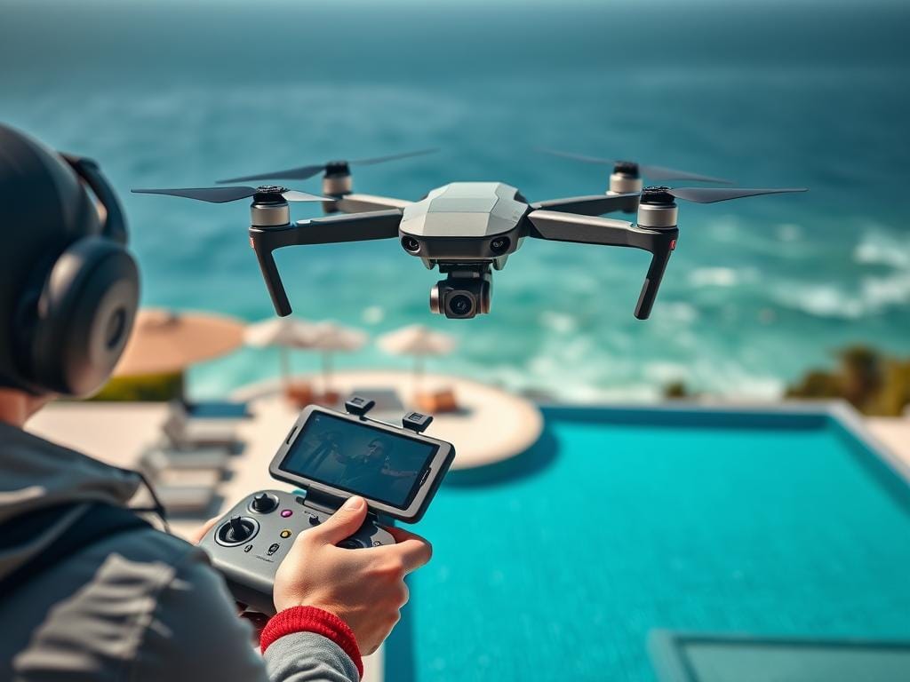 DJI Inspire 3 drone capturing aerial footage of luxury coastal estate DJI Inspire 3 drone capturing aerial footage of luxury coastal estate