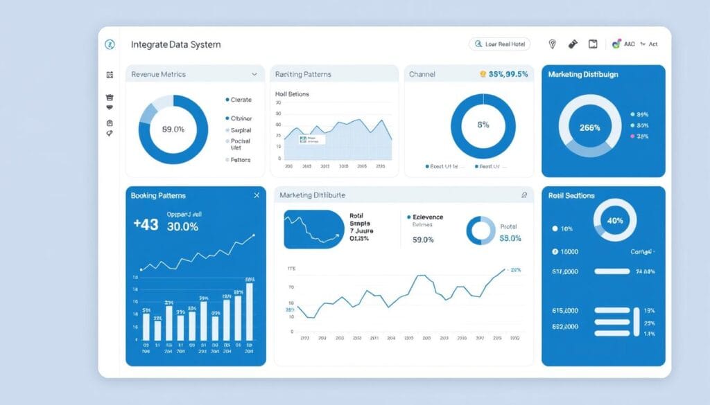Dashboard showing integrated hotel data systems with revenue metrics, booking patterns, and marketing campaign performance in a single interface Dashboard showing integrated hotel data systems with revenue metrics, booking patterns, and marketing campaign performance in a single interface