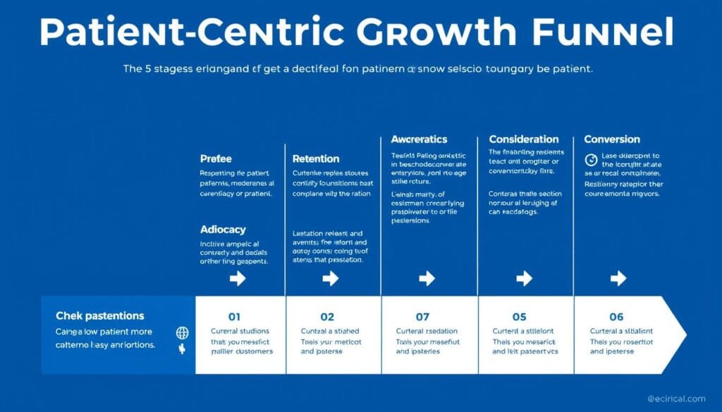 Detailed breakdown of the 5 stages in a Patient-Centric Growth Funnel with metrics