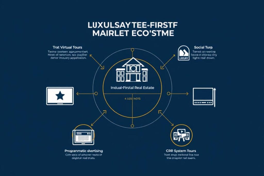 Digital-first marketing ecosystem for luxury real estate showing interconnected digital channels Digital-first marketing ecosystem for luxury real estate showing interconnected digital channels