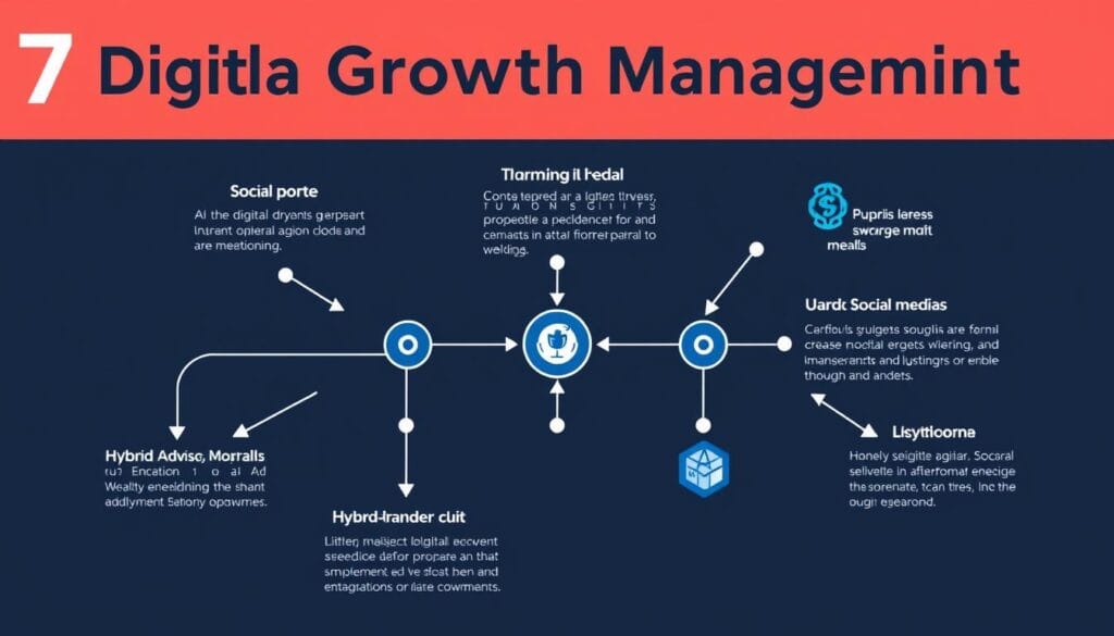 Digital growth strategies for wealth managers and investment advisors illustrated with icons and flowcharts