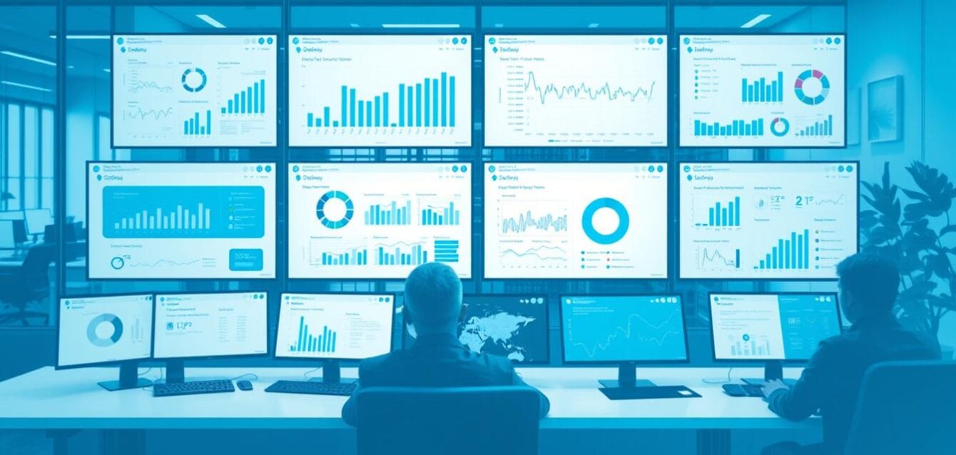Digital transformation in wealth management showing data visualization and client interfaces