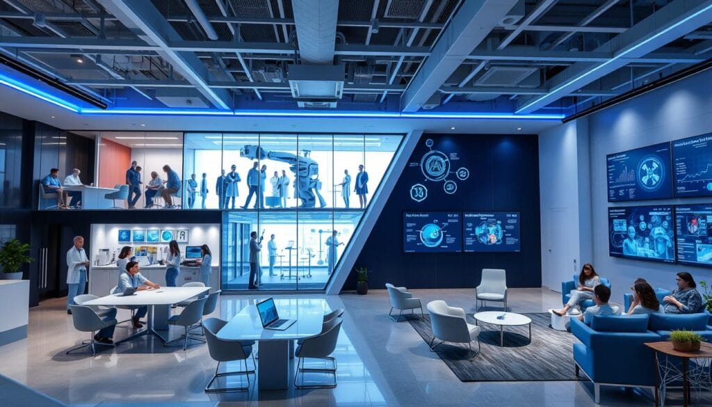 Elite Healthcare Growth Hub features showcasing collaborative spaces and technology infrastructure