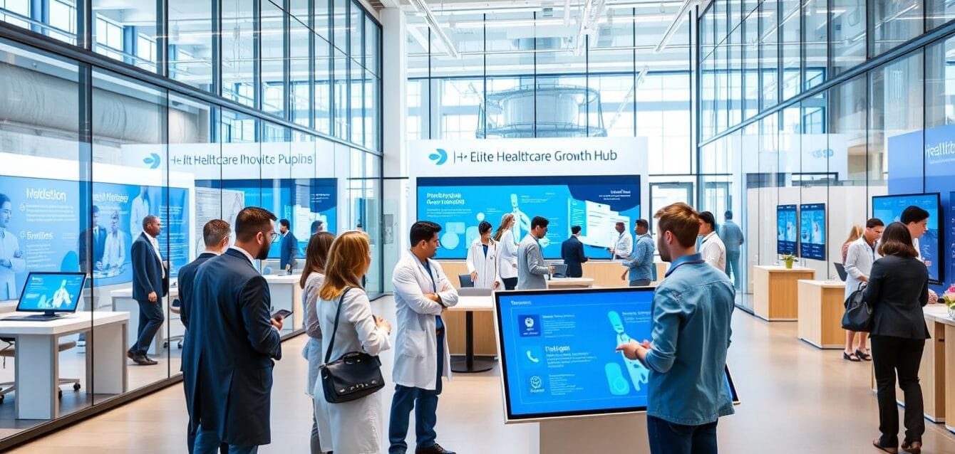 Elite Healthcare Growth Hub innovation center with collaborative spaces and advanced technology