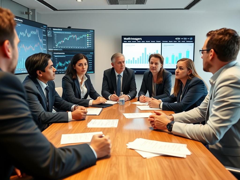 Financial professionals discussing digital challenges in a modern office setting