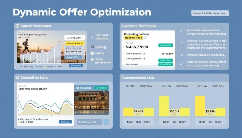 Interface showing dynamic offer optimization system with real-time adjustments to hotel promotions based on market conditions Interface showing dynamic offer optimization system with real-time adjustments to hotel promotions based on market conditions
