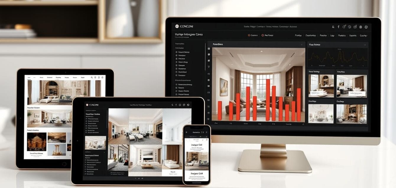 Luxury interior design firm digital presence visualization showing multiple digital touchpoints for premium clients