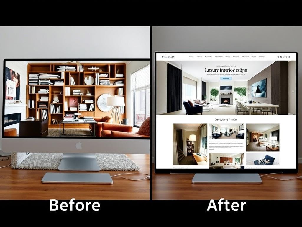 Luxury interior design portfolio website showing dramatic before and after transformation Luxury interior design portfolio website showing dramatic before and after transformation