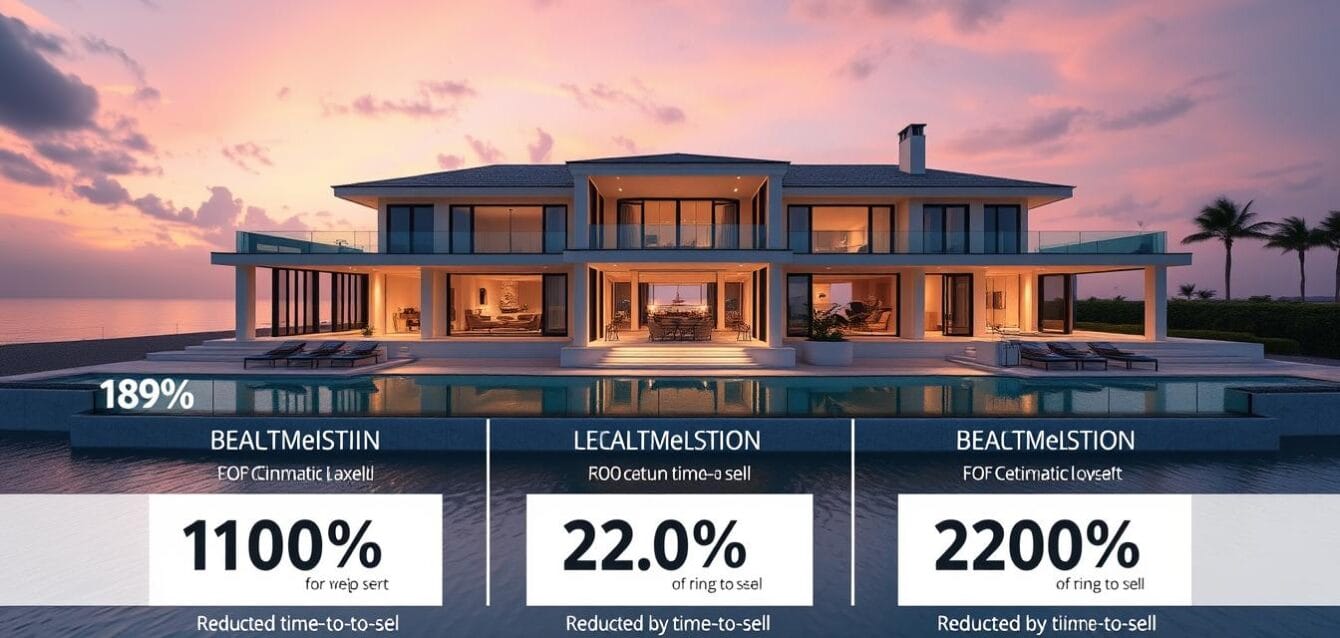 Luxury mansion with digital marketing overlay showing reduced time-to-sell statistics
