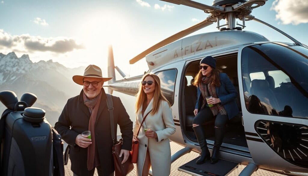 Luxury travelers experiencing a private helicopter tour over scenic landscape Luxury travelers experiencing a private helicopter tour over scenic landscape