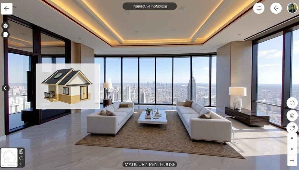 Matterport 3D virtual tour of luxury penthouse showing interactive hotspots Matterport 3D virtual tour of luxury penthouse showing interactive hotspots