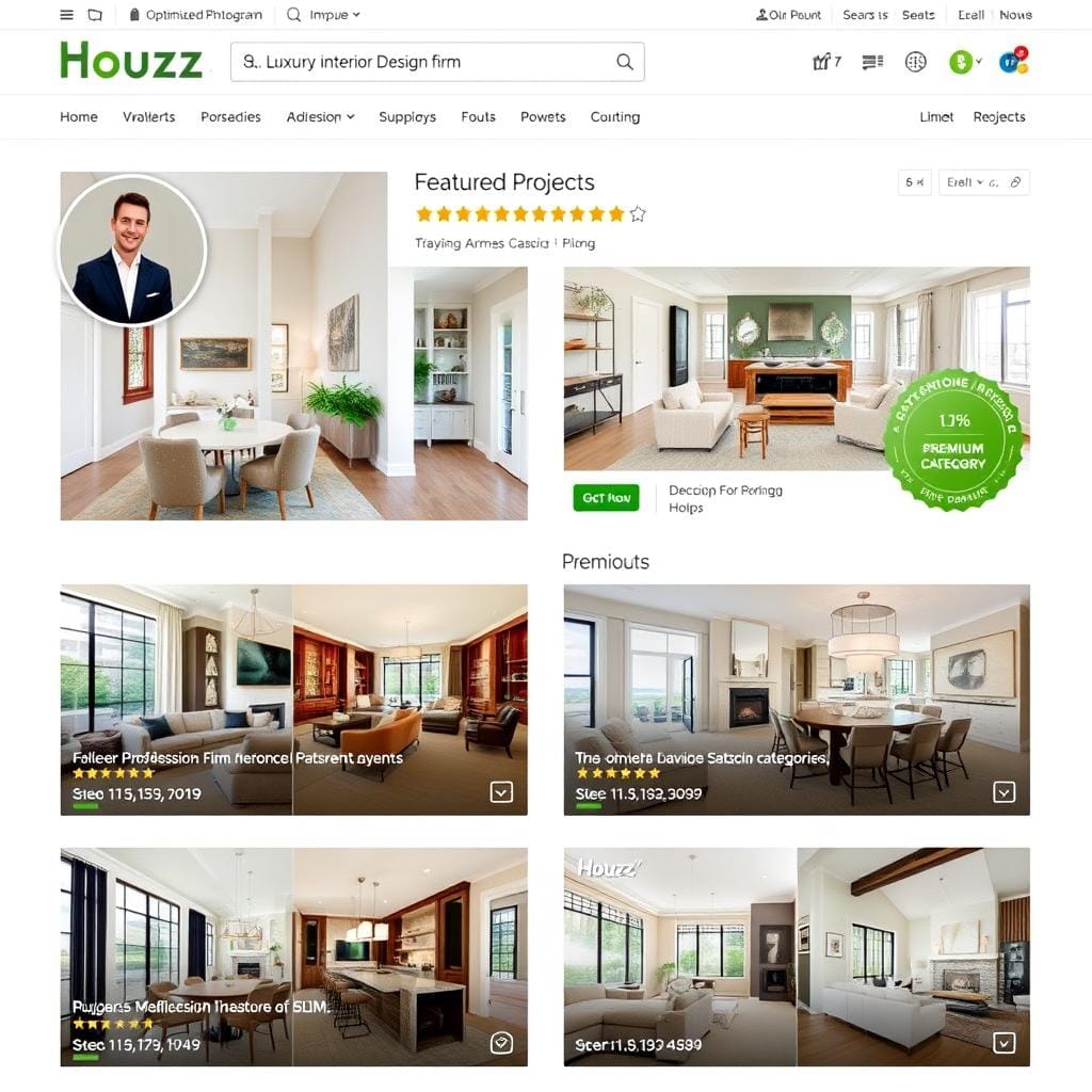 Optimized Houzz profile for luxury interior design firm showing featured projects and reviews Optimized Houzz profile for luxury interior design firm showing featured projects and reviews