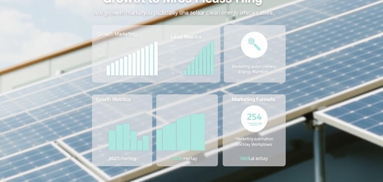 Solar panels with digital marketing overlay showing a Growth Marketing Hub for Solar & Clean Energy Firms