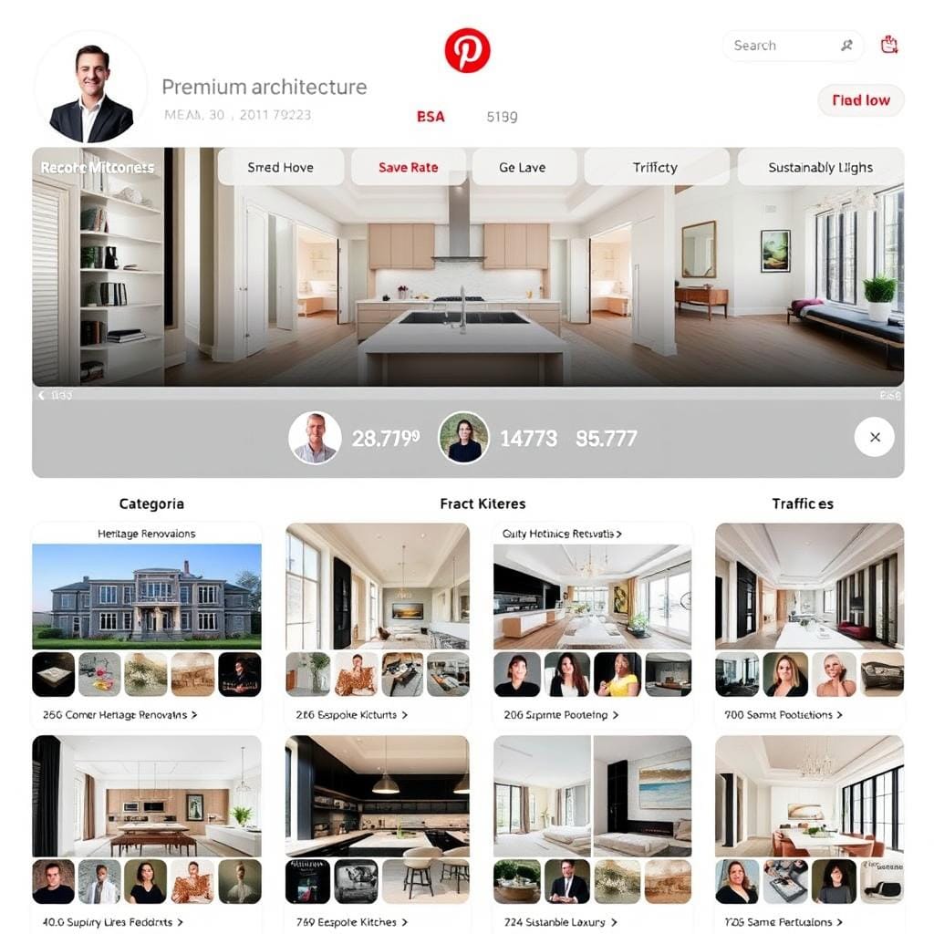 Strategic Pinterest boards for premium architecture firm showing organized luxury design categories Strategic Pinterest boards for premium architecture firm showing organized luxury design categories