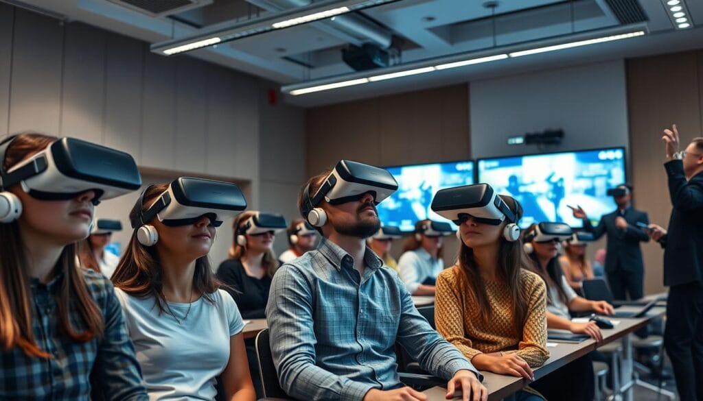 Students using VR headsets in an immersive learning environment