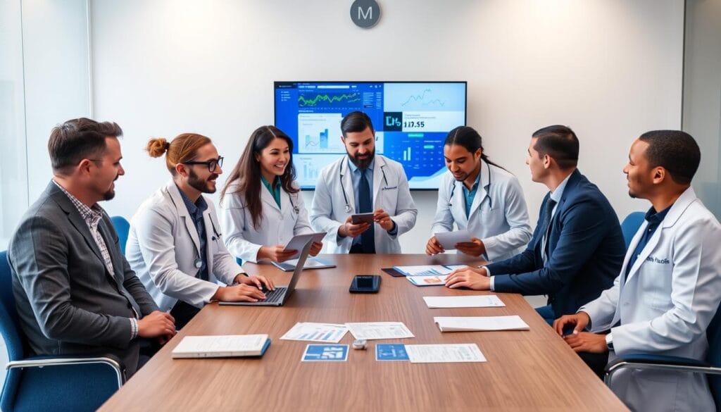Team of healthcare marketing specialists working with a clinic