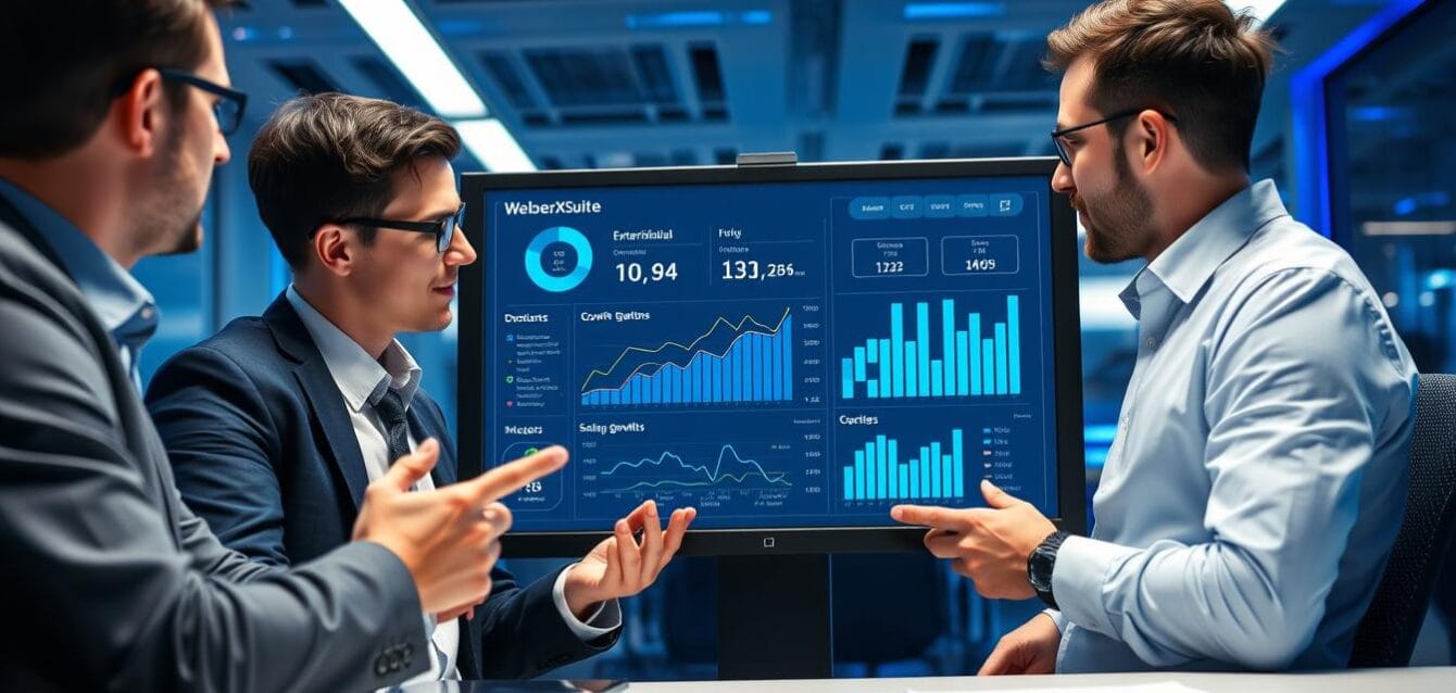 Tech professionals analyzing WebberXSuite™ scaling dashboard showing exponential growth metrics