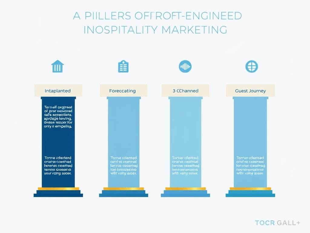 Visual representation of the 4 pillars of profit-engineered hospitality marketing showing integrated data systems, demand forecasting, channel optimization, and personalized guest journeys Visual representation of the 4 pillars of profit-engineered hospitality marketing showing integrated data systems, demand forecasting, channel optimization, and personalized guest journeys